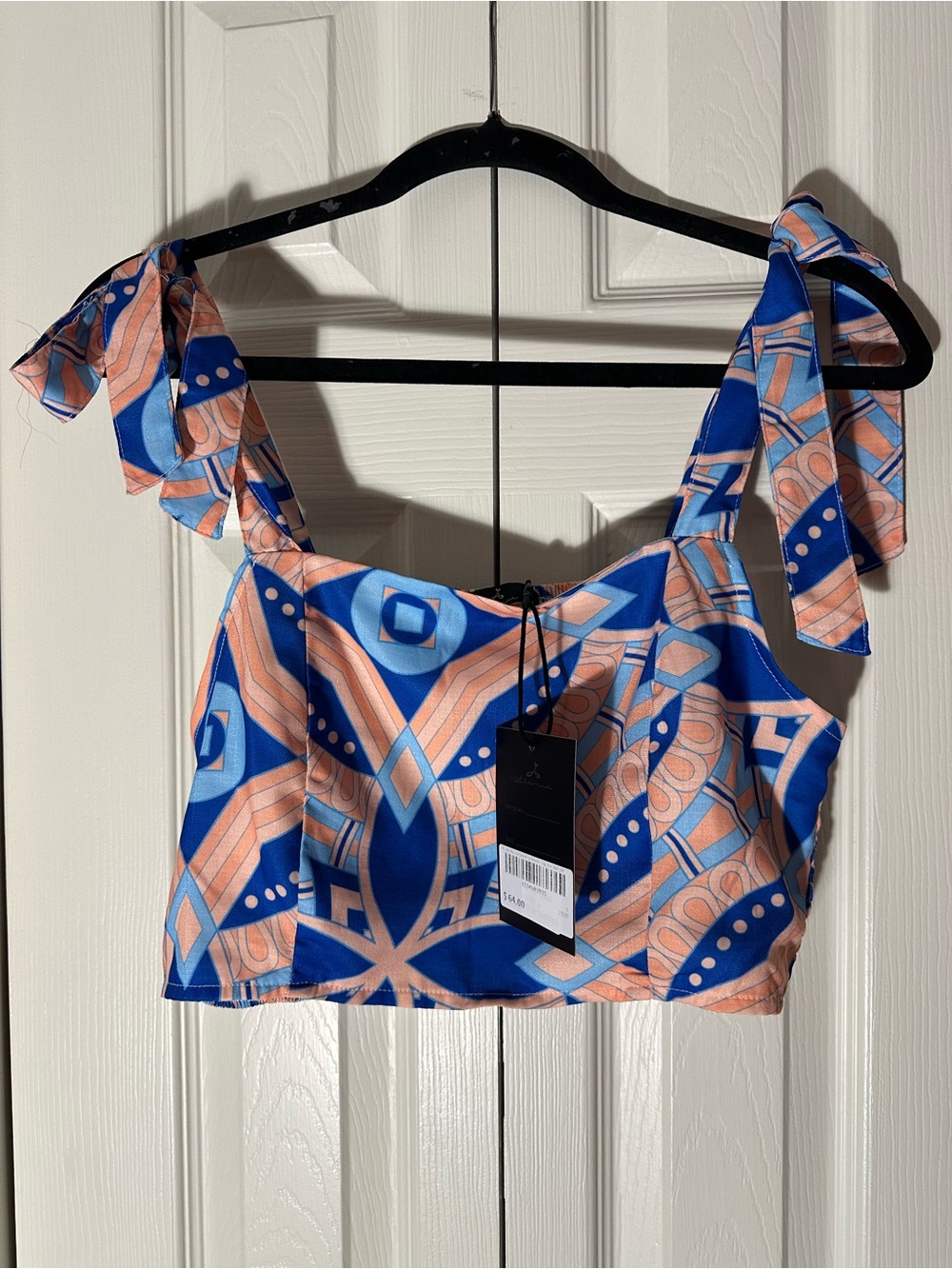 Alaïa Blue & Peach Geometric Tie-Shoulder Crop Top